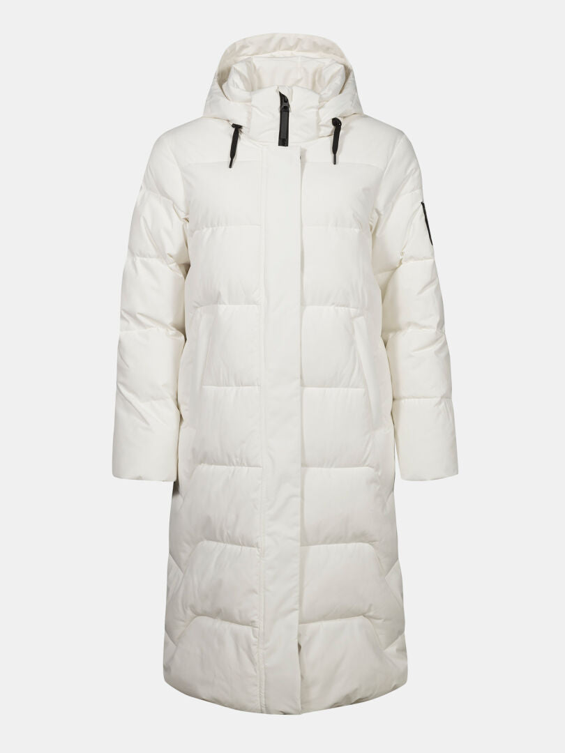 Halti Brahe Puffer Long Vinterjacka Dam: vit, återvunnen polyester, huva, dragkedja, quiltat mönster.