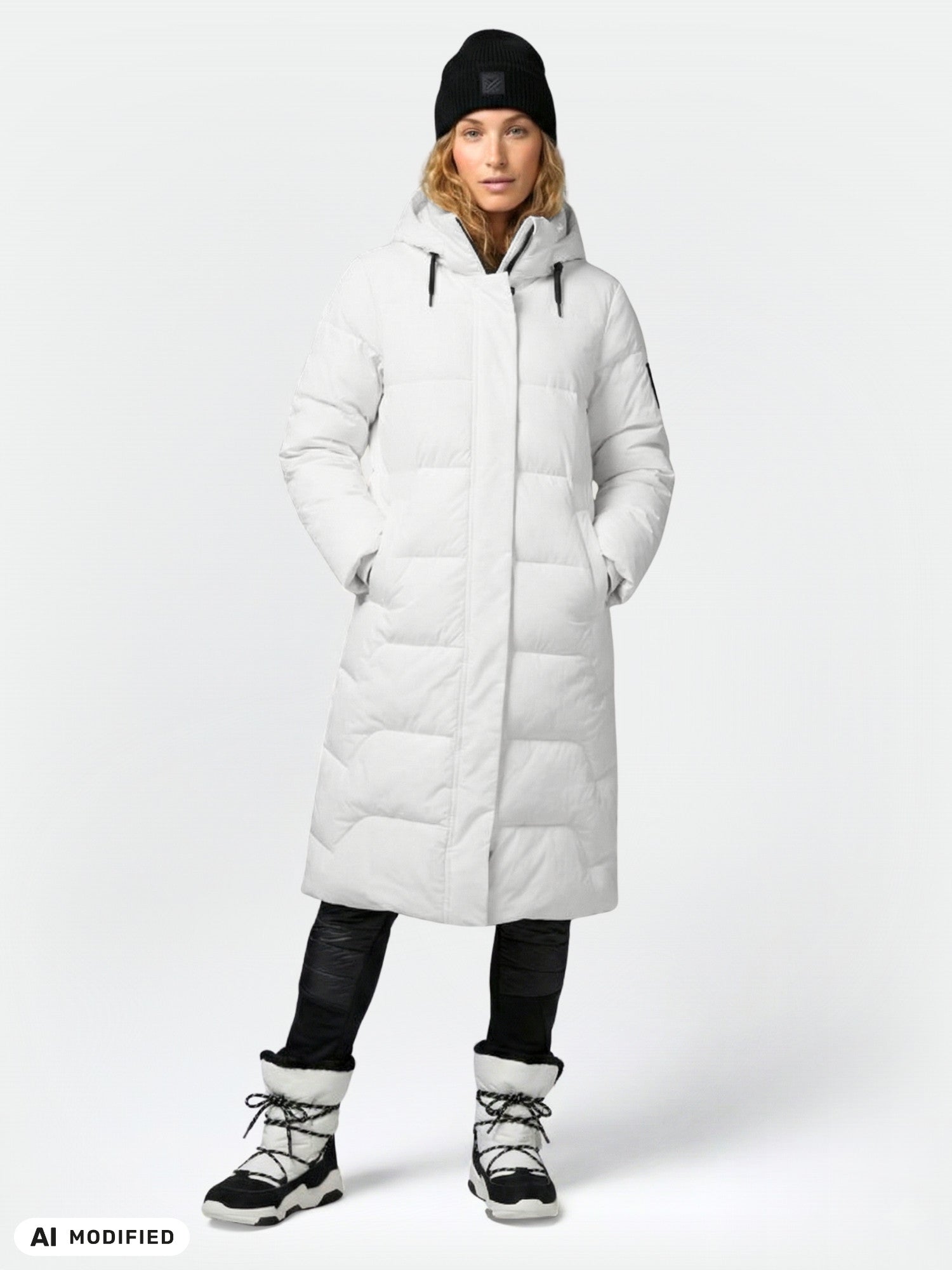 En kvinna bär en Halti Brahe Puffer Long vinterjacka för dam tillsammans med en svart mössa och stövlar framför en enfärgad bakgrund.