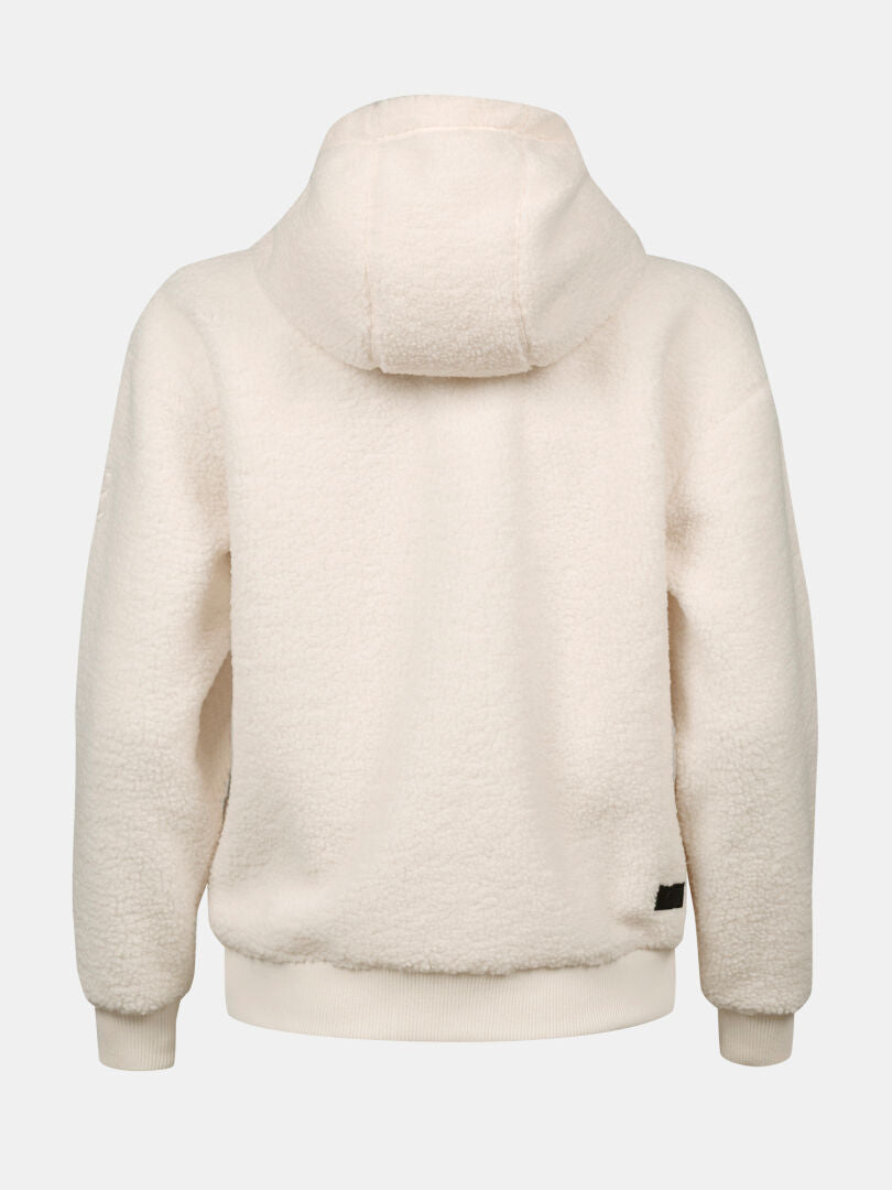 Baksidan av Halti Lykky Fleece Jacka Dam – en hoodie med huva och ribbade ärmslut, avbildad mot en enfärgad bakgrund.