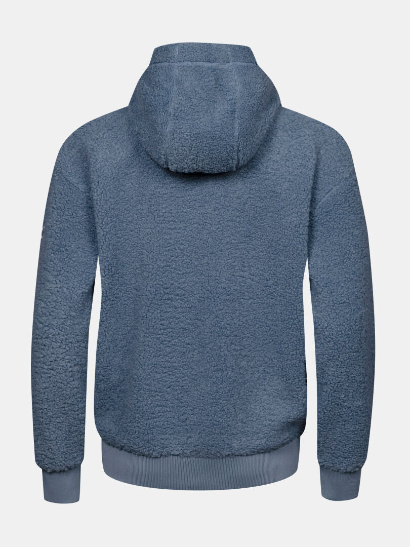 Baksidan av Halti Lykky Fleece Jacka Dam, blå, med ribbade ärmslut och nederkant på vit bakgrund.