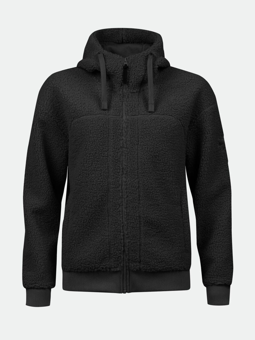 Halti Lykky Fleecejacka Dam är en svart damfleece med dragkedja, huva, ribbade muddar och två fickor i återvunnen polyester.