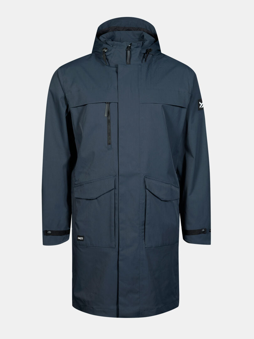 Halti Tokoi II DX Parkajacka Herr är en mörkblå DrymaxX vattentät parkas med huva och flera fickor.