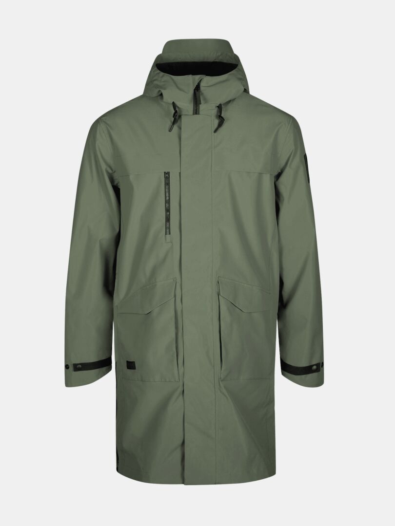 Halti Tokoi II DX Parkajacka Herr är en olivgrön, vattentät parkas med framfickor och svart kant.