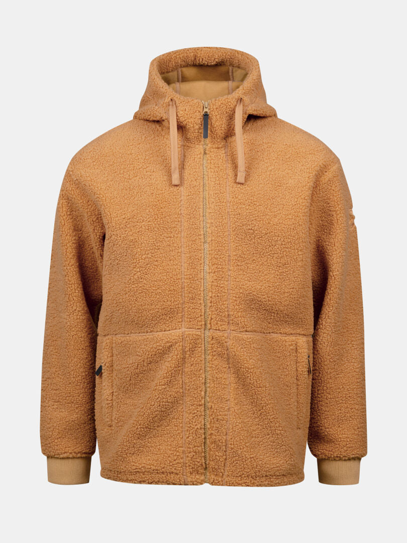 Halti Lykky Fleecejacka Herr: Tan hoodie med huva, dragkedja, fickor, tillverkad av återvunnen polyester.
