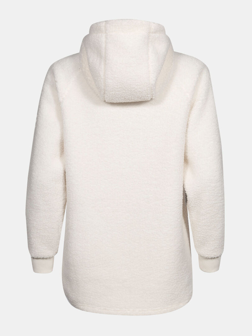 Bakifrån på en vit Halti Lykky Fleecetröjä Dam, långärmad teddyfleece hoodie med ribbade muddar.