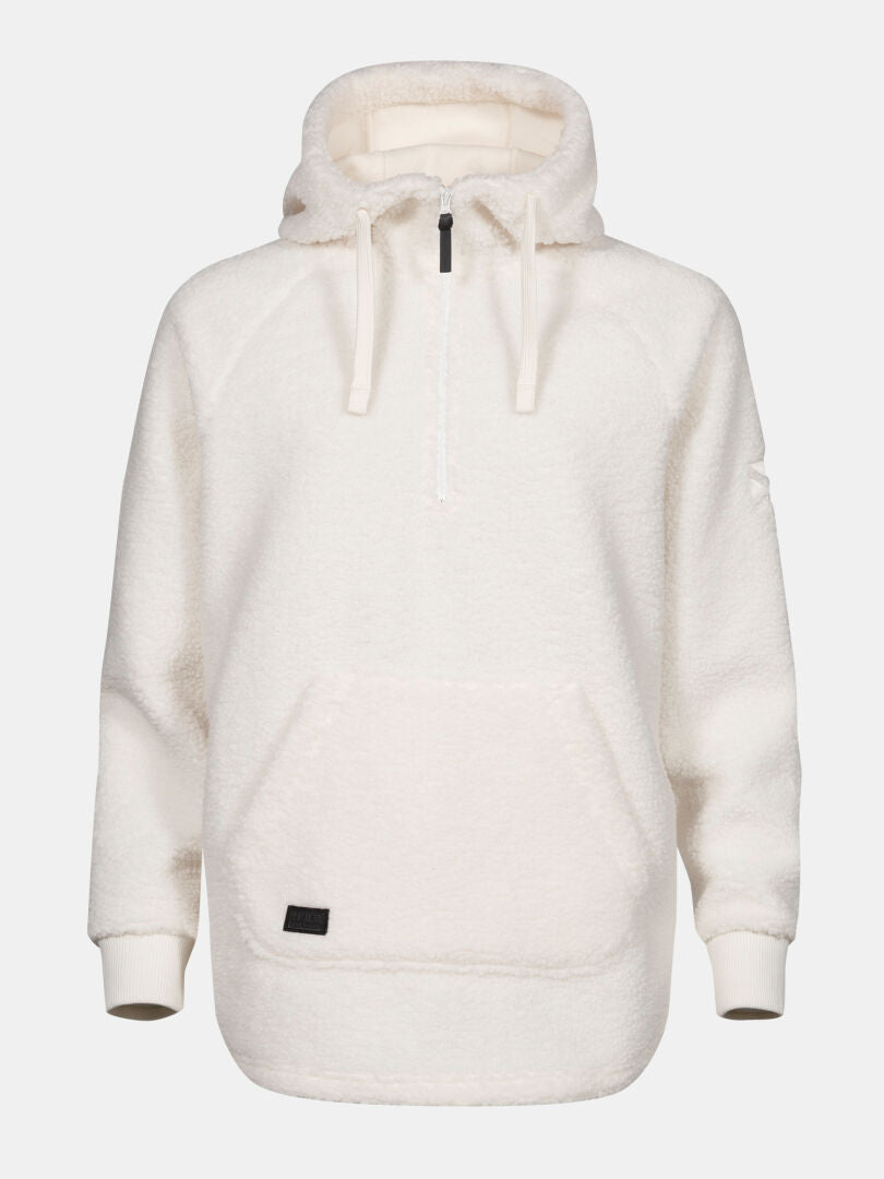 Halti Lykky Fleecetröjä Dam: Offwhite teddyfleece hoodie med halv dragkedja, ribbade muddar och återvunnen polyester.