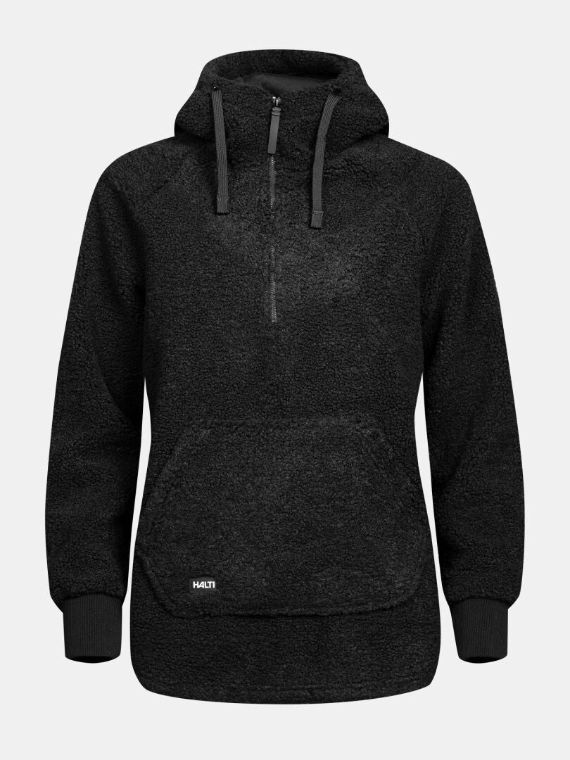 Halti Lykky fleecetröja för dam: Svart hoodie i teddyfleece med dragkedja, känguruficka och ribbade muddar.
