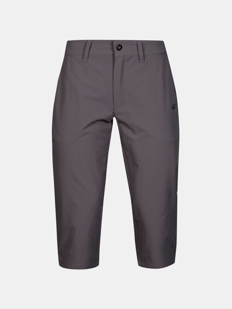 Halti Drive X-stretch Capribyxor Dam Plus: grå, knälång, UPF 50+, raka ben, bälteshällor, knappstängning.