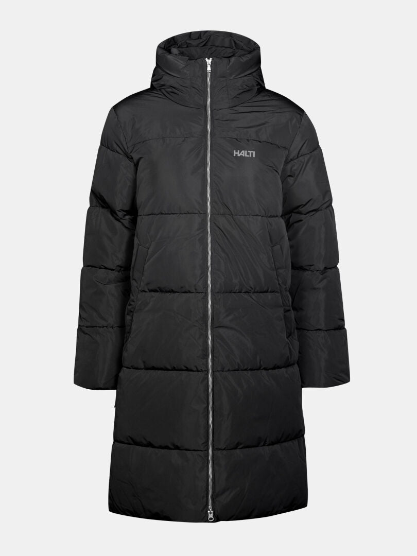 Halti Sammal Vadderad Parkajacka Dam: lång svart parkas med huva, DrymaxX Sleek Shiny-finish, HALTI-logotyp på bröstet.