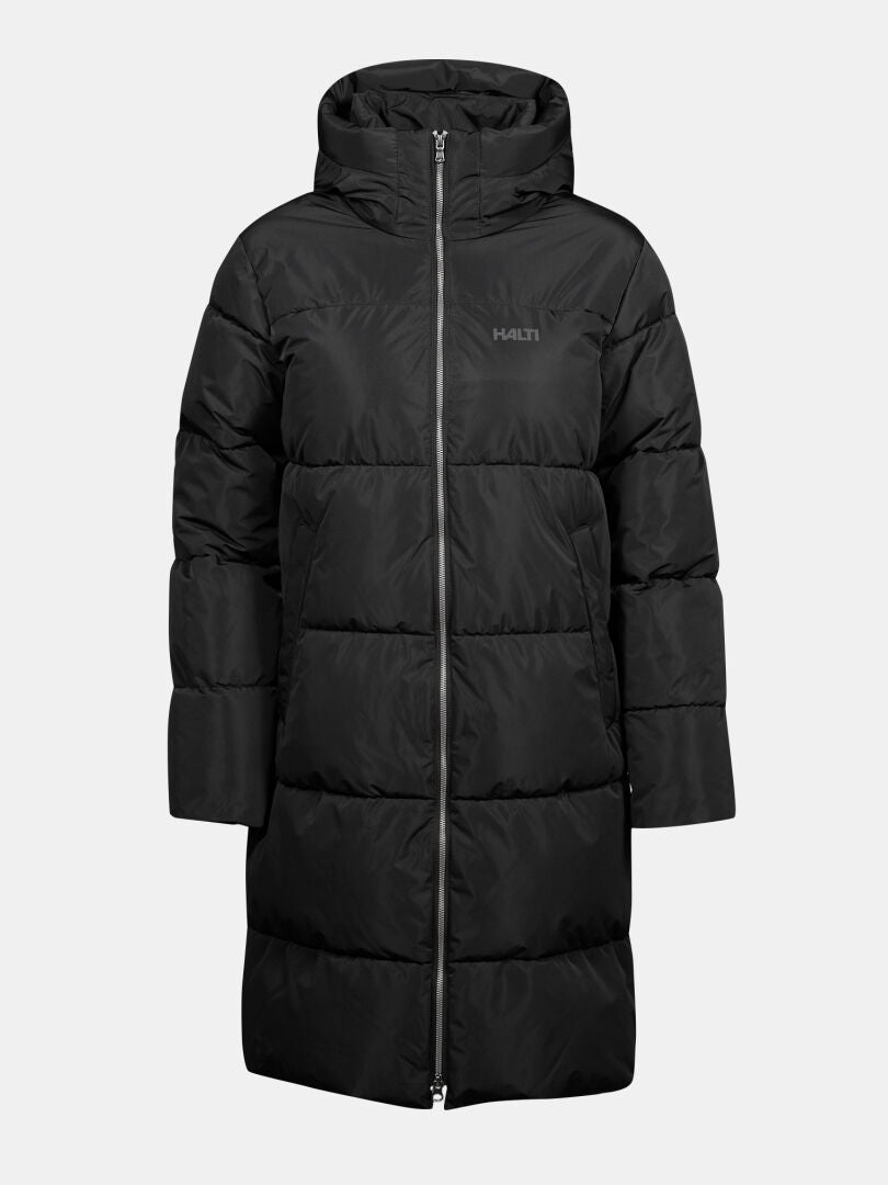 Halti Sammal Vadderad Parkajacka Dam är en lång svart vattentät parkas med huva, DrymaxX-teknik och logotyp på bröstet.