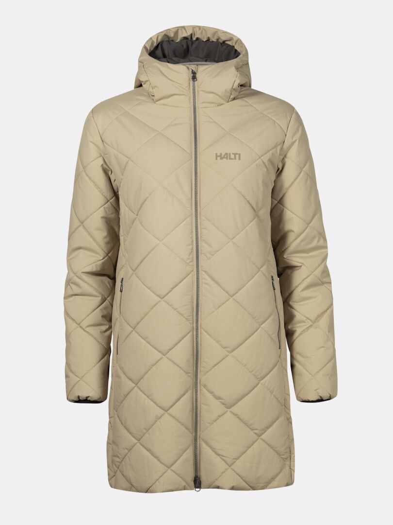 Halti Haapa Vadderad Jacka Dam i beige med huva, dragkedja fram och sidofickor visas på vit bakgrund.