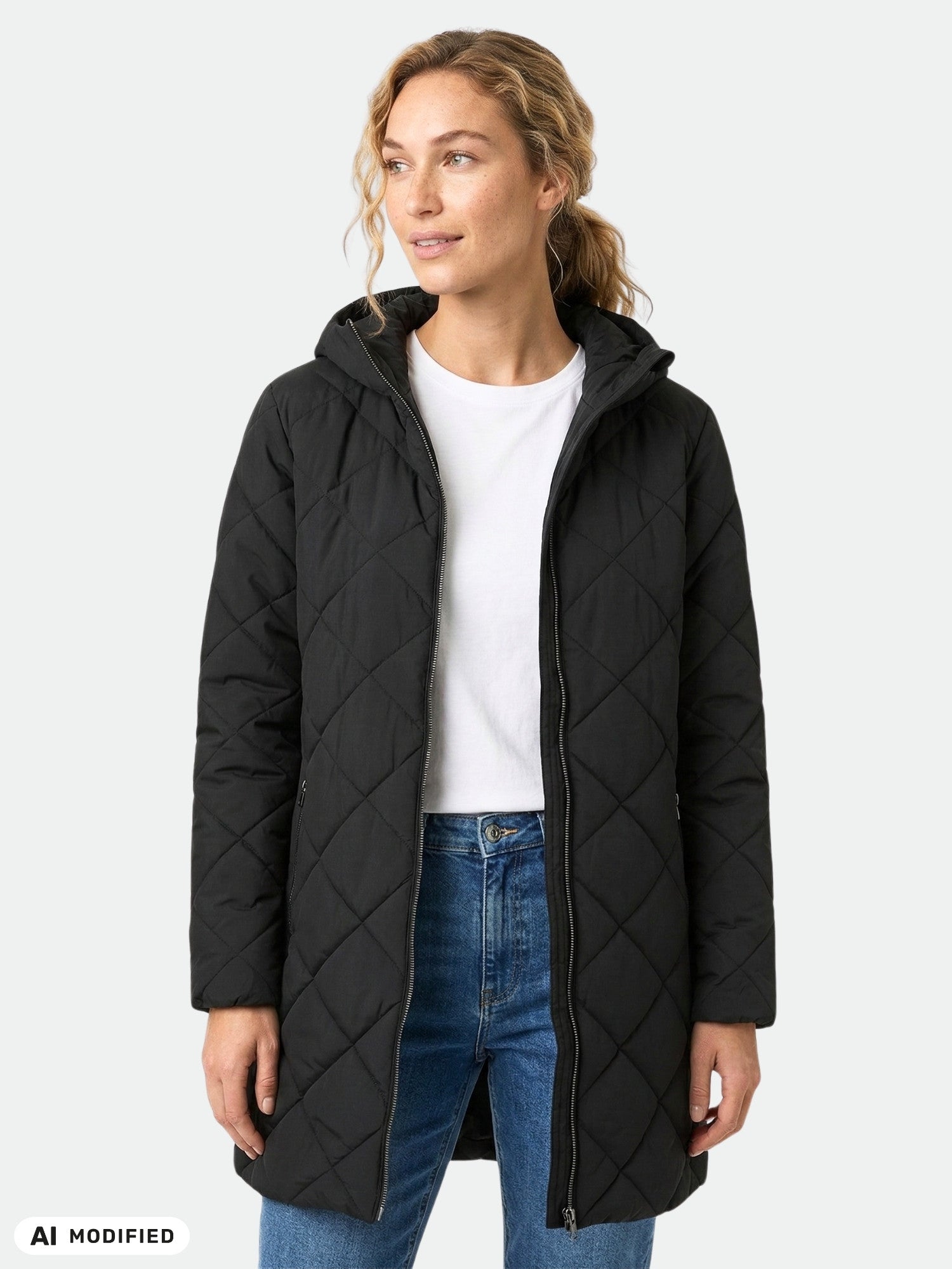 En kvinna i en Halti Haapa Vadderad Jacka Dam, vit skjorta och blå jeans framför en enfärgad bakgrund.