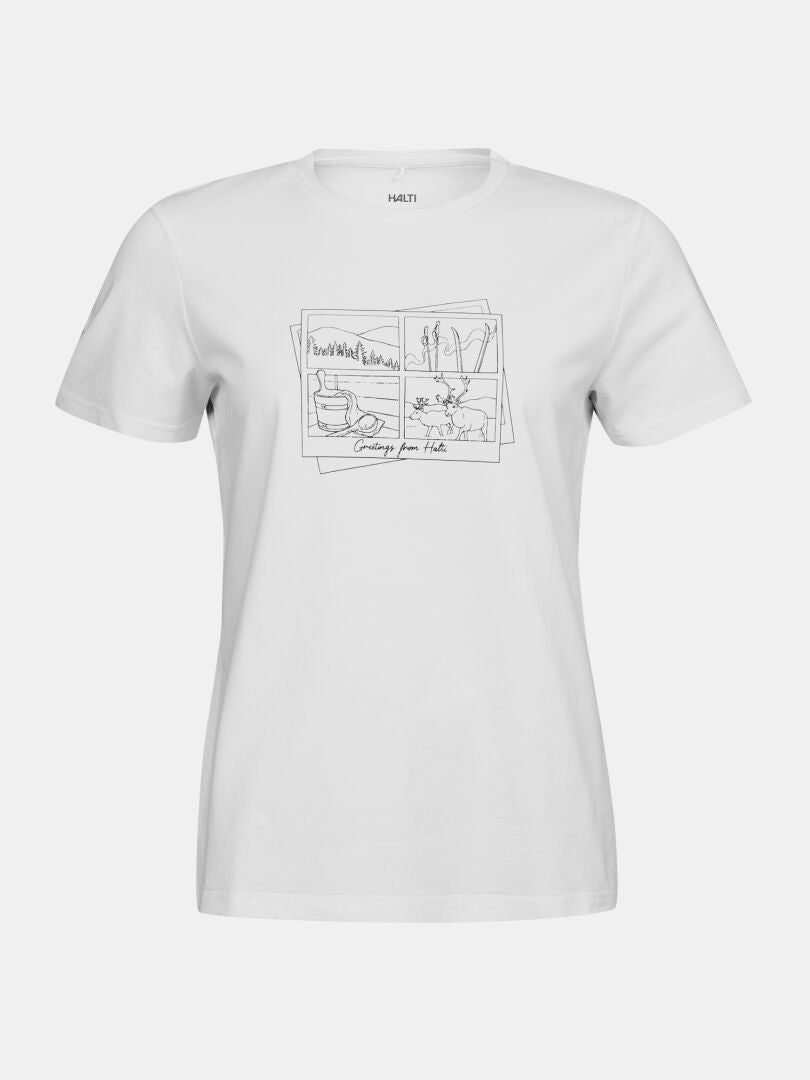 Halti Matka II T-skjorta Dam: Vit t-shirt i ekologisk bomull med naturmotiv och