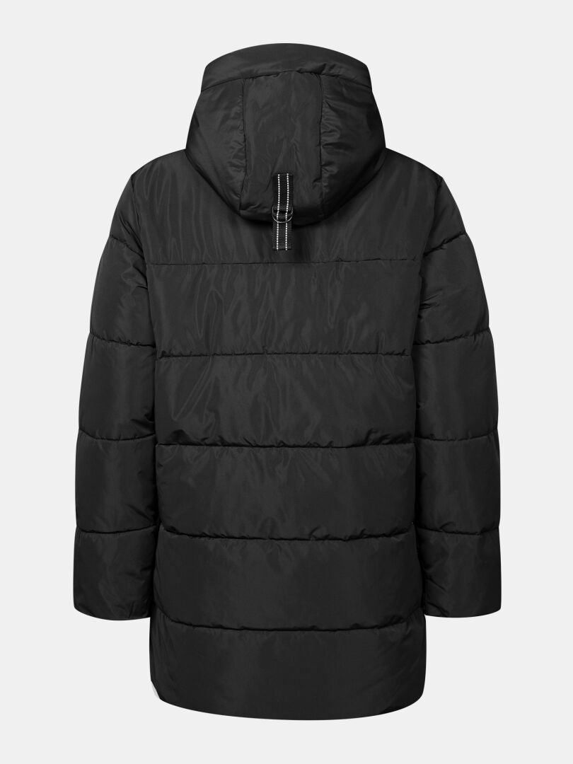 Halti Leinikko Puffer Parka Dam, DrymaxX-jacka med huva och horisontella sömmar, sedd bakifrån.