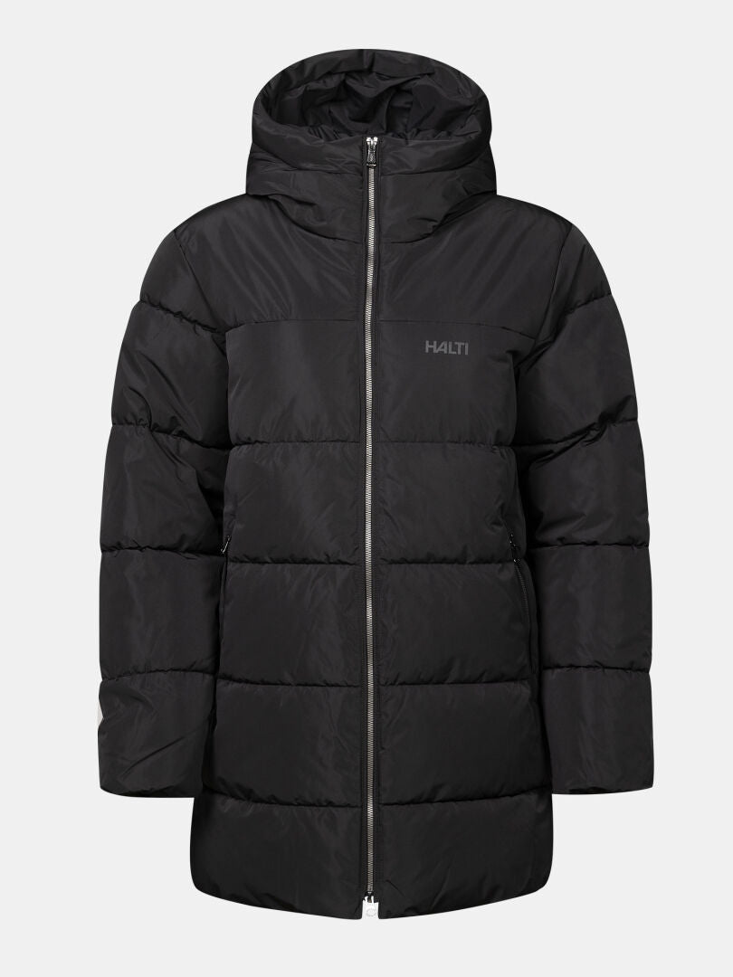 Halti Leinikko Puffer Parka Dam: Svart, med huva, dragkedja framtill, logotyp på bröstet – perfekt som vattentät jacka.