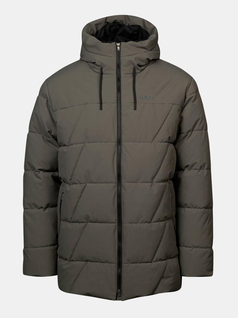 Halti Forska Vadderad Parkajacka Herr: olivgrön dunjacka med huva och fickor med dragkedja, Microtherm Thermofill-isolering.