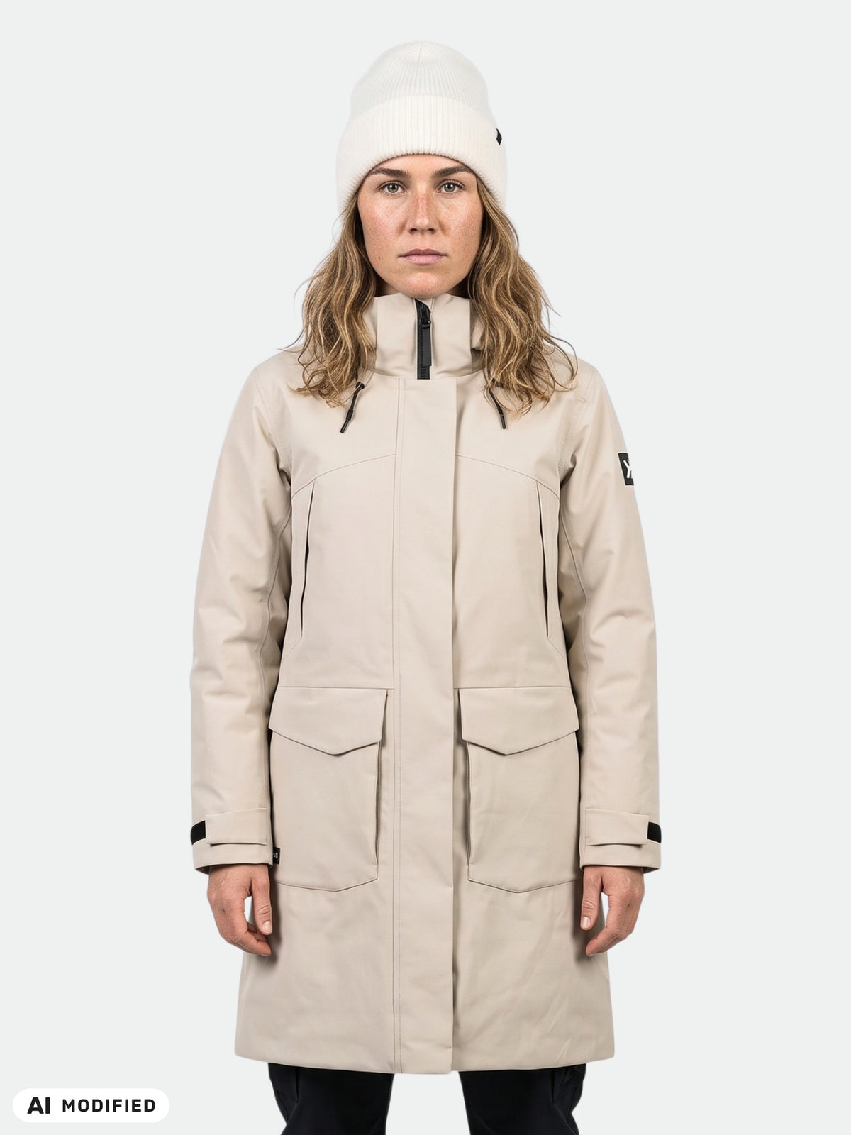 En person klädd i en beige, knälång Halti Kallio DX Parka Dam och en vit mössa.