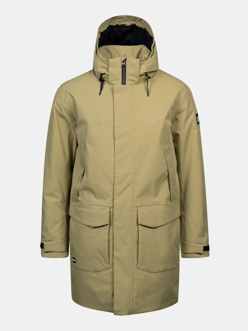 Halti Kallio DX Parka Herr: khakifärgad vinterparkas med DrymaxX, huva, dragkedja fram, fickor med lock och justerbara ärmslut.
