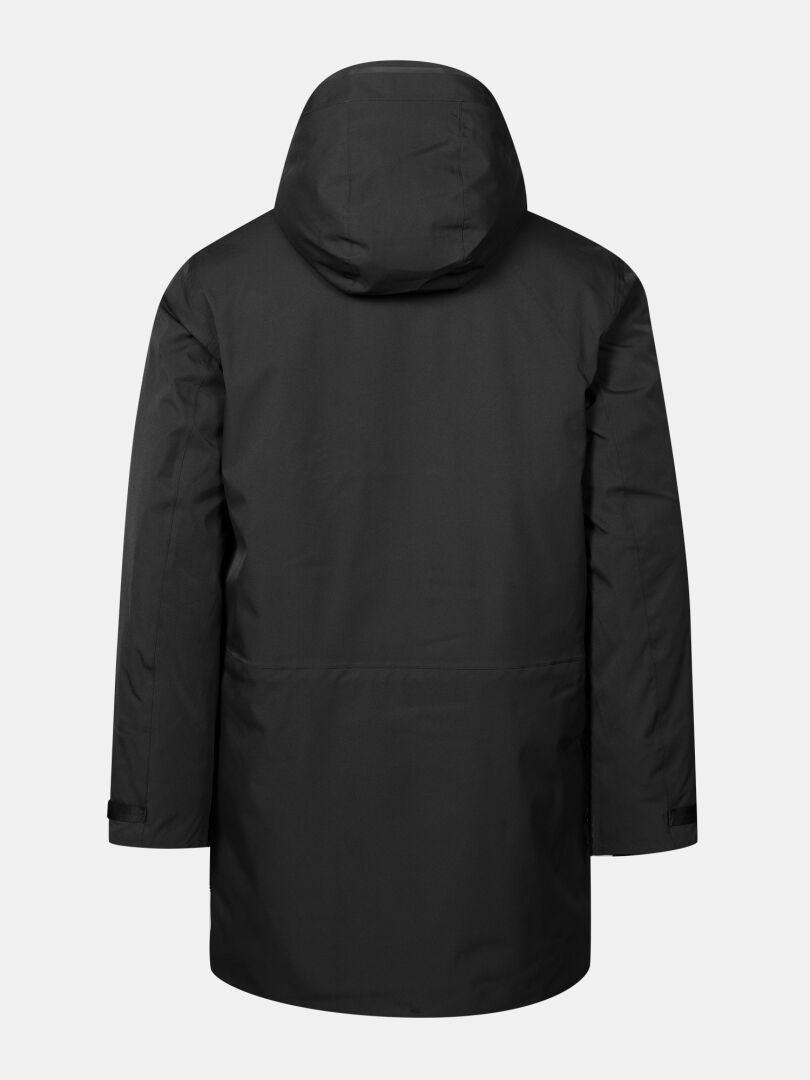 Halti Kallio DX Parka Herr i svart, visad bakifrån, har Microtherm Arcty-isolering på grå bakgrund.