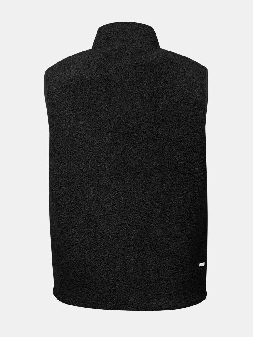 Baksidan av Halti Lykky Fleece Väst Unisex, hög krage, återvunnen polyester, avbildad mot vit bakgrund.