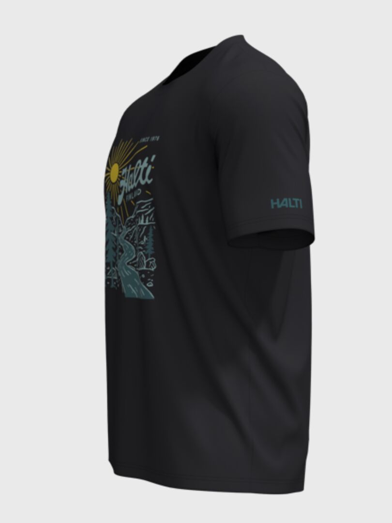 Halti Vehka unisex-T-shirt, svart, ekologisk bomull, tryck med berg och sol, HALTI-logotyp på ärmen.