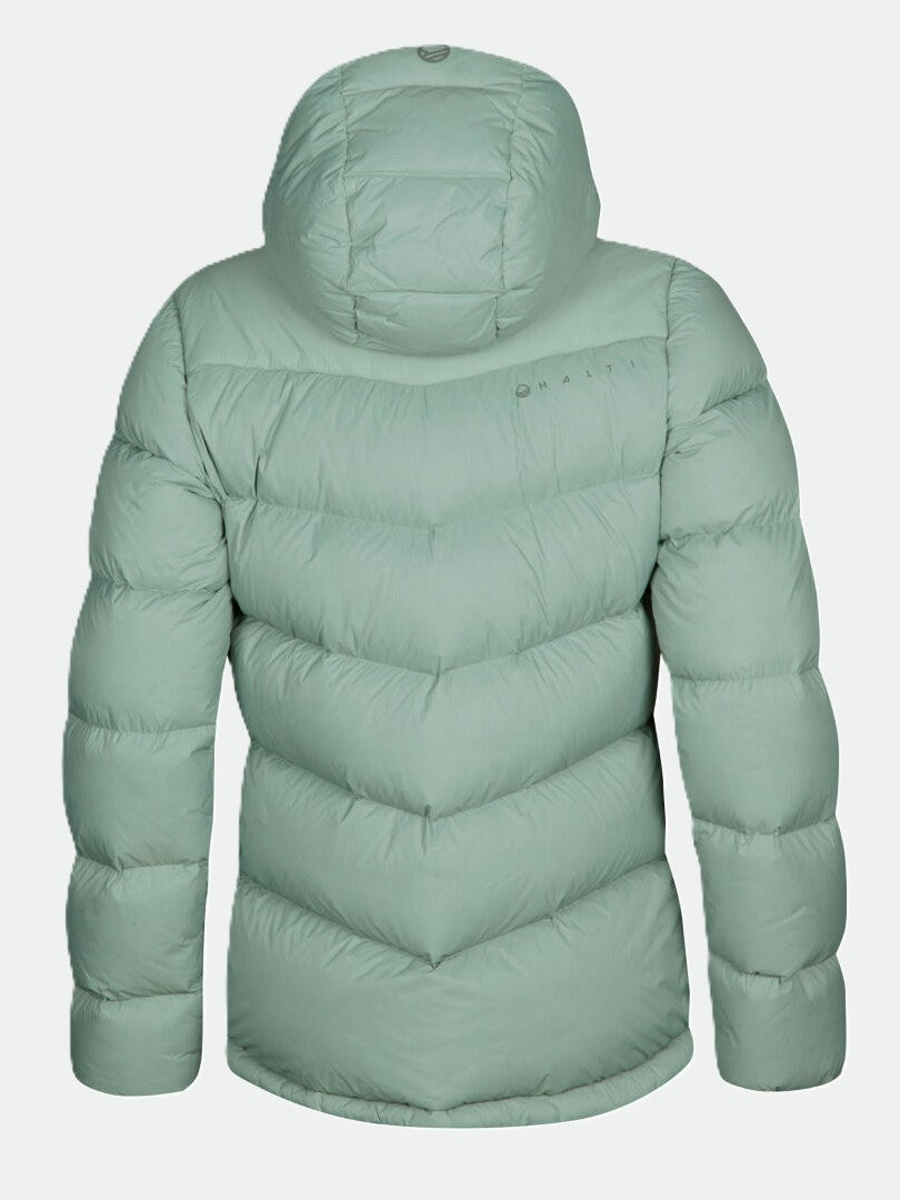 Halti Versant Dunjacka Dam i ljusgrönt med huva, visad bakifrån mot en enfärgad bakgrund.