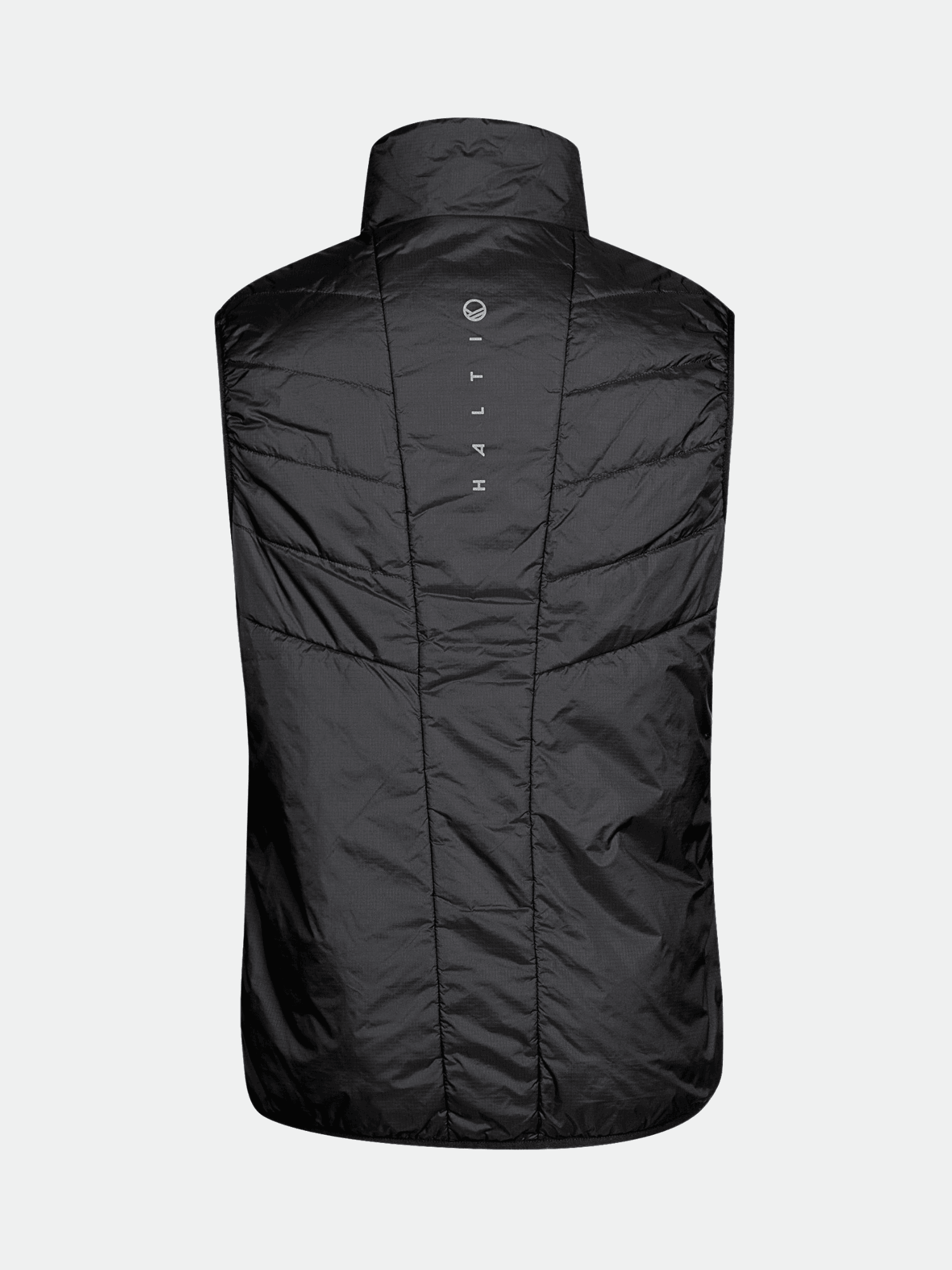 En svart Halti Heatix Väst Herr bakifrån med vertikal logotyp, Primaloft Silver-vaddering och hög krage.