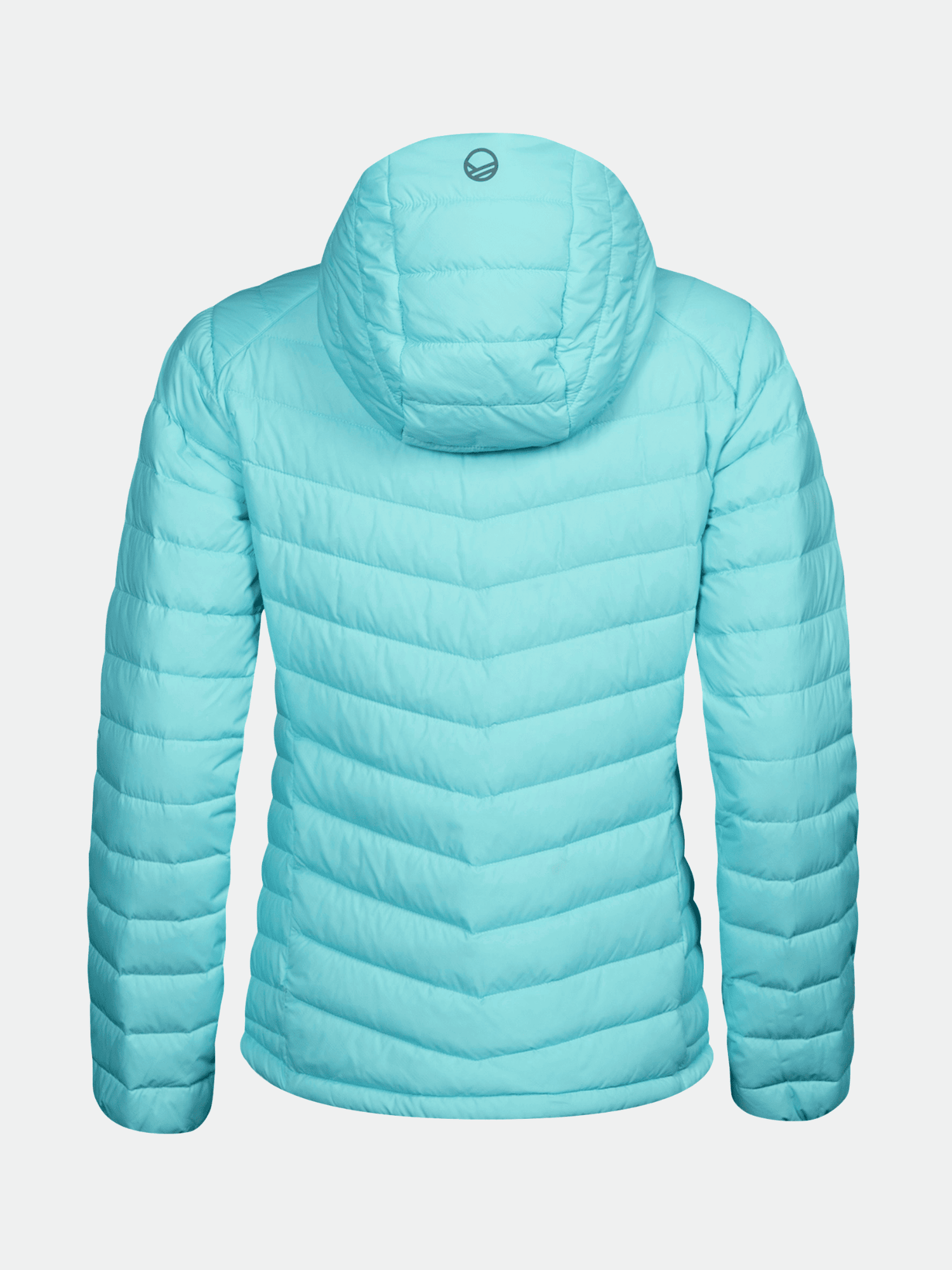 Halti Huippu Dunjacka Dam i turkos Pertex Quantum ripstop visas bakifrån mot en vit bakgrund.