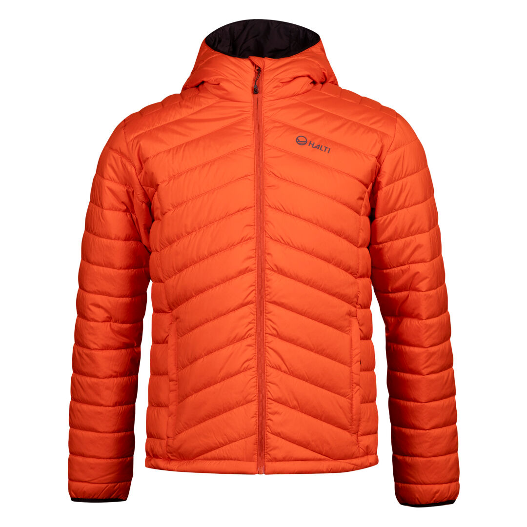 Halti Komu Lätt Vadderad Jacka Herr: ljusorange puffer med huva, dragkedja och microtherm® Dynamic quiltning.