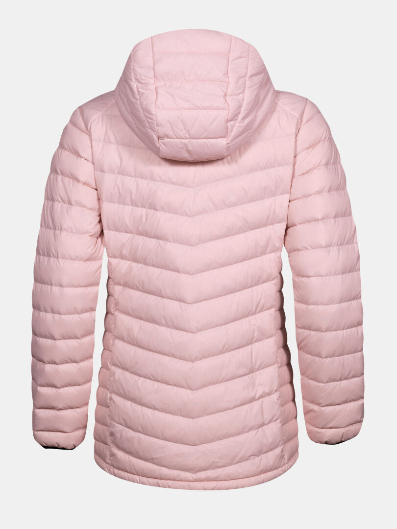 Halti Huippu Mid Dunjacka Dam i ljusrosa Pertex Quantum Ripstop, huva, med chevron- och horisontell quiltning.