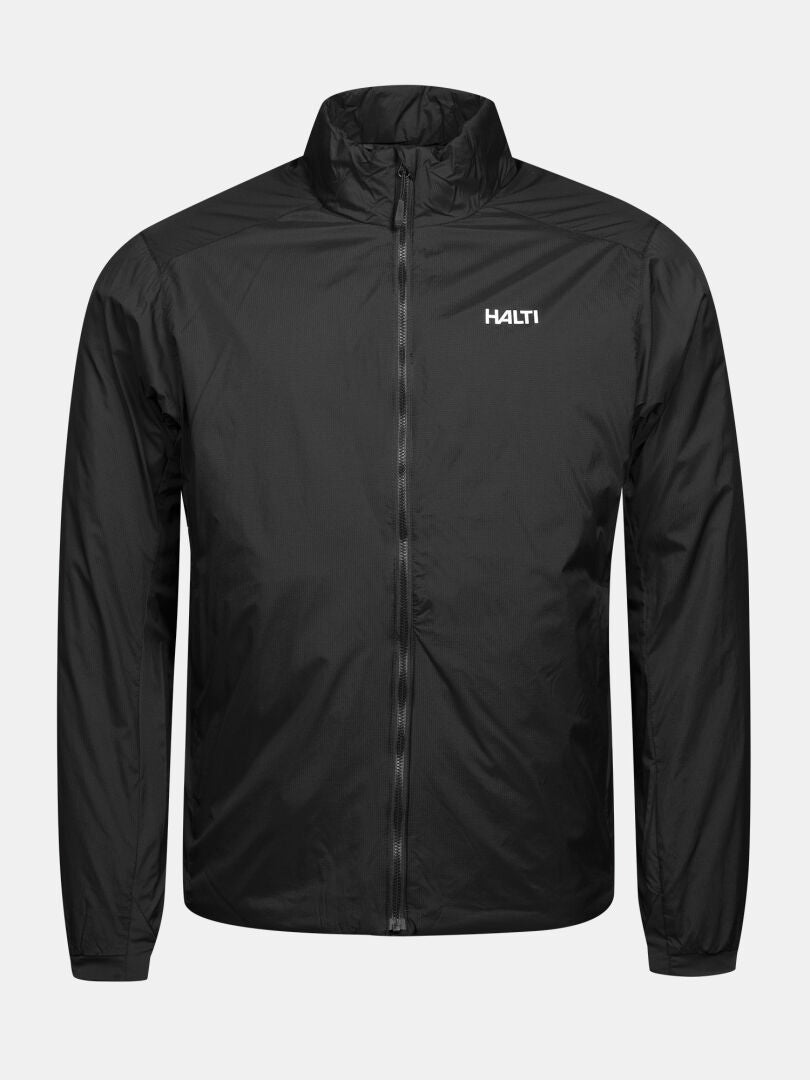 Svart Halti Haave 40 Primaloft-jacka för herr, med genomgående dragkedja, hög krage och vit logotyp på bröstet.