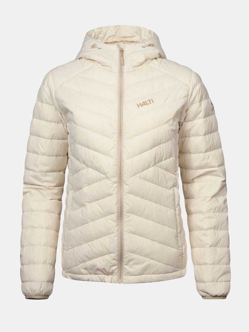 Off-white Halti Huippu Untuvia Dunjacka – dunjacka för dam med huva, dragkedja fram och quiltning i chevronmönster.