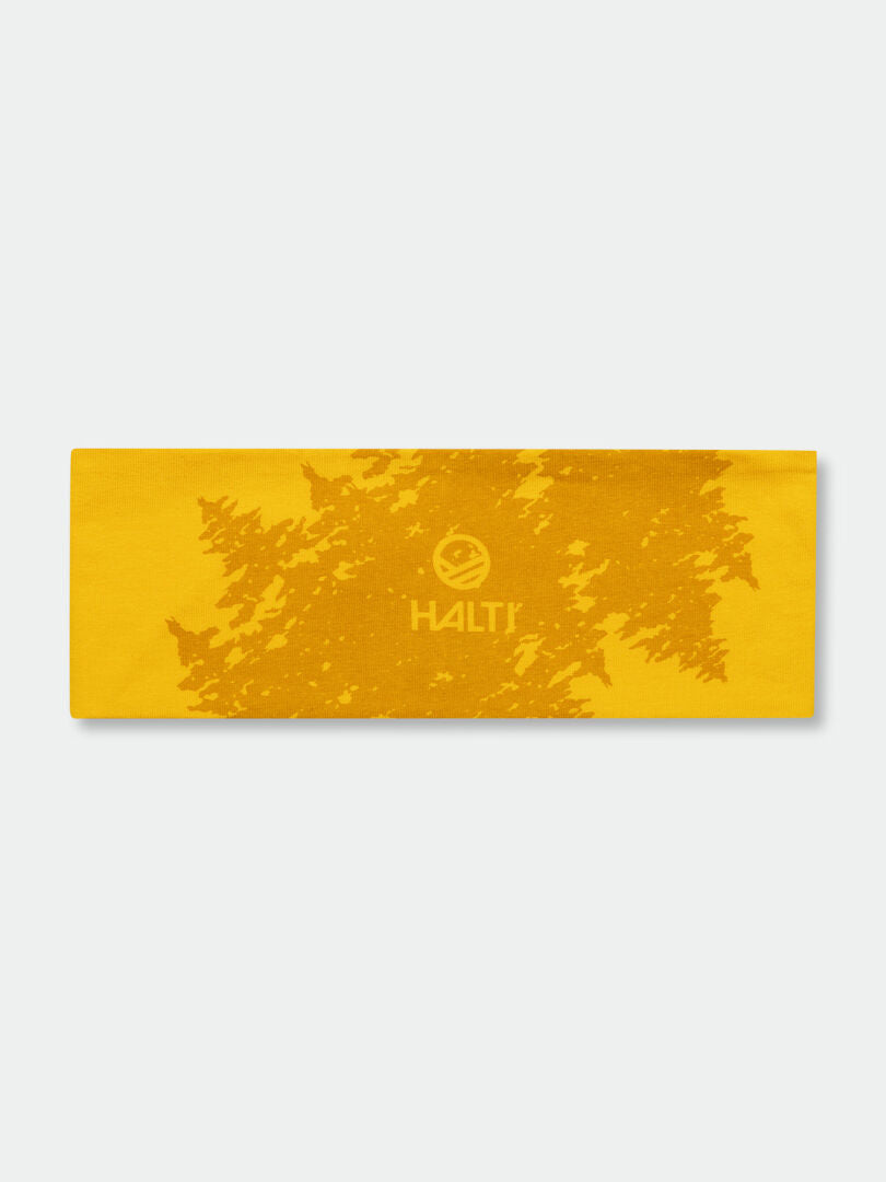 Halti Laava Pannband är ett gult, rektangulärt stretchpannband med ett abstrakt mönster och en vit logotyp i mitten.