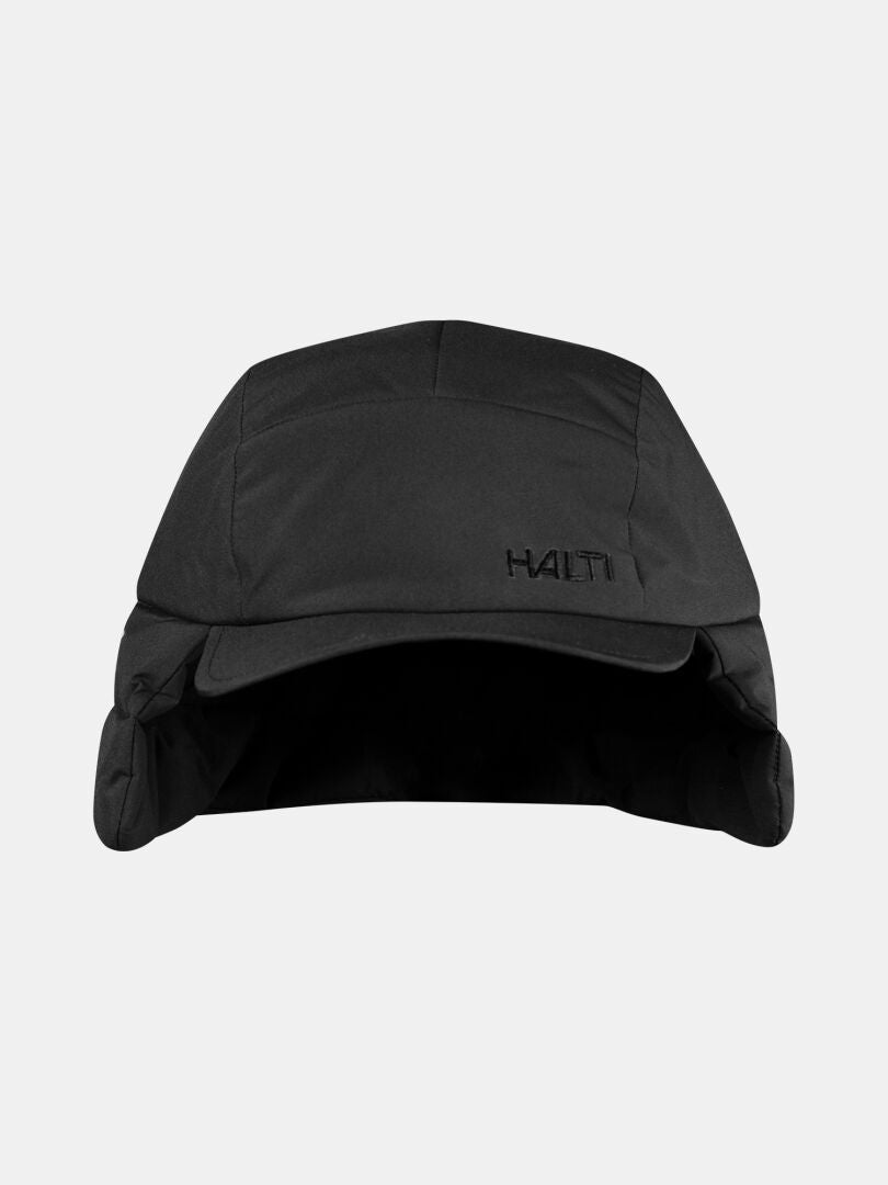 Halti Huove Puffy Hatt, svart vintermössa med öronlappar och fleecefoder på ljusgrå bakgrund.