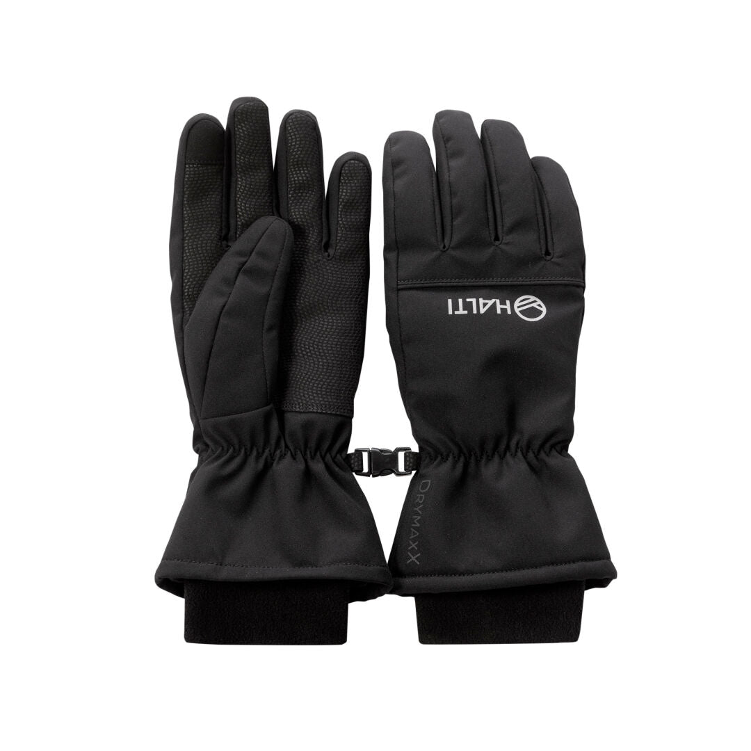 Ett par svarta Halti Alium DrymaxX unisexhandskar med elastiska handleder, texturerade handflator och HALTI-logga.