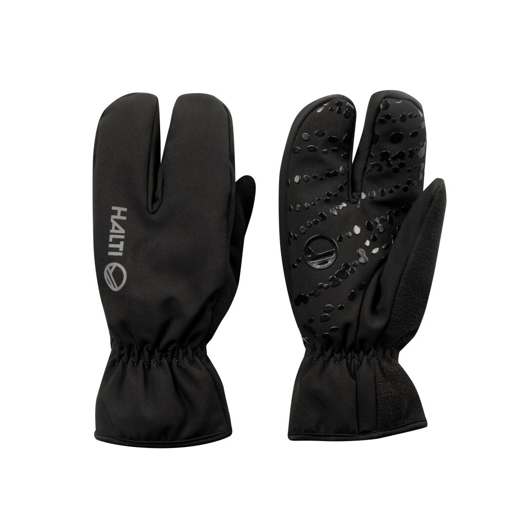 Ett par svarta Halti Kroka Handskar vinterhandskar med delat finger, texturerat grepp och elastiska handleder mot vit bakgrund.
