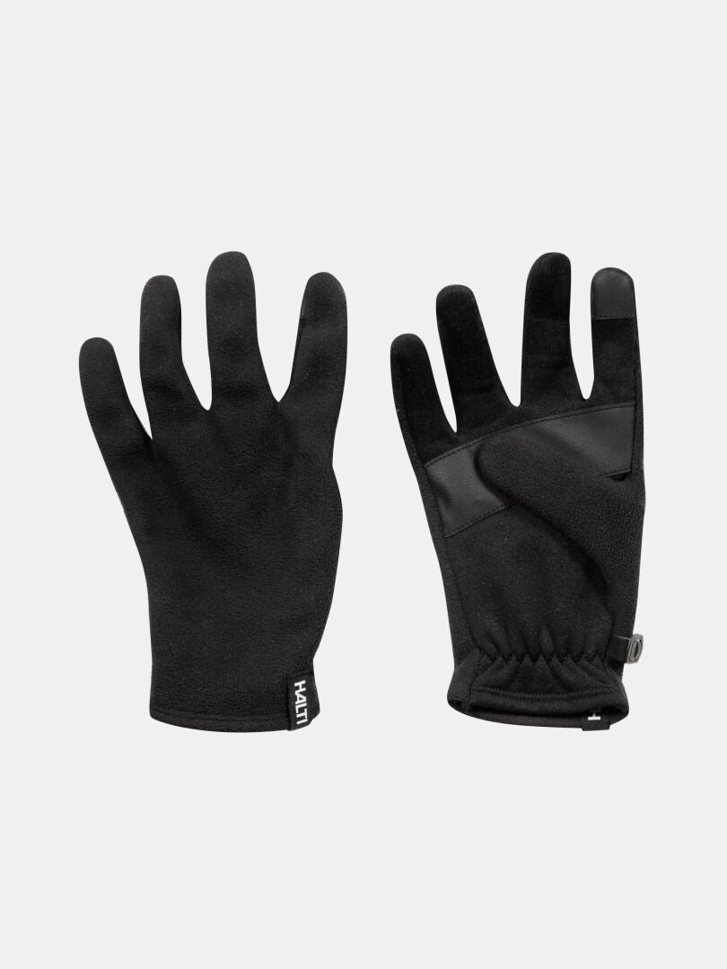 Ett par Viiri Fleece Handskar från Halti, en med touchfunktion och greppyta, den andra visar baksidan.