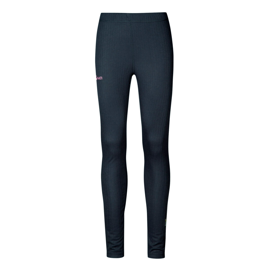 Halti Tekniskt Underställ Dam: Svarta figursydda leggings med Active Dry tech och en liten rosa logga, perfekta för skidåkning.