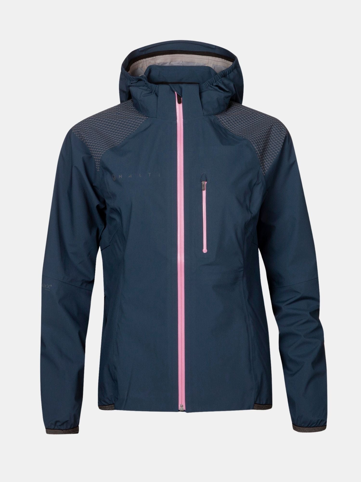 Halti Liike Dam 3L DrymaxX Sport Jacka är en mörkblå huvjacka med rosa dragkedja, perfekt för cykling eller träning.