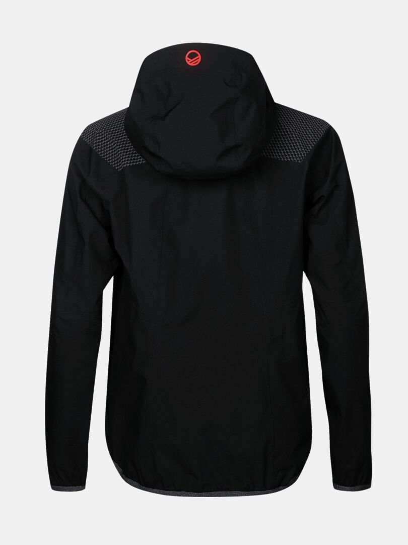 Halti Liike Dam 3L DrymaxX Sport Jacka är en svart polyesterjacka med huva, röd logotyp och texturerade axlar.