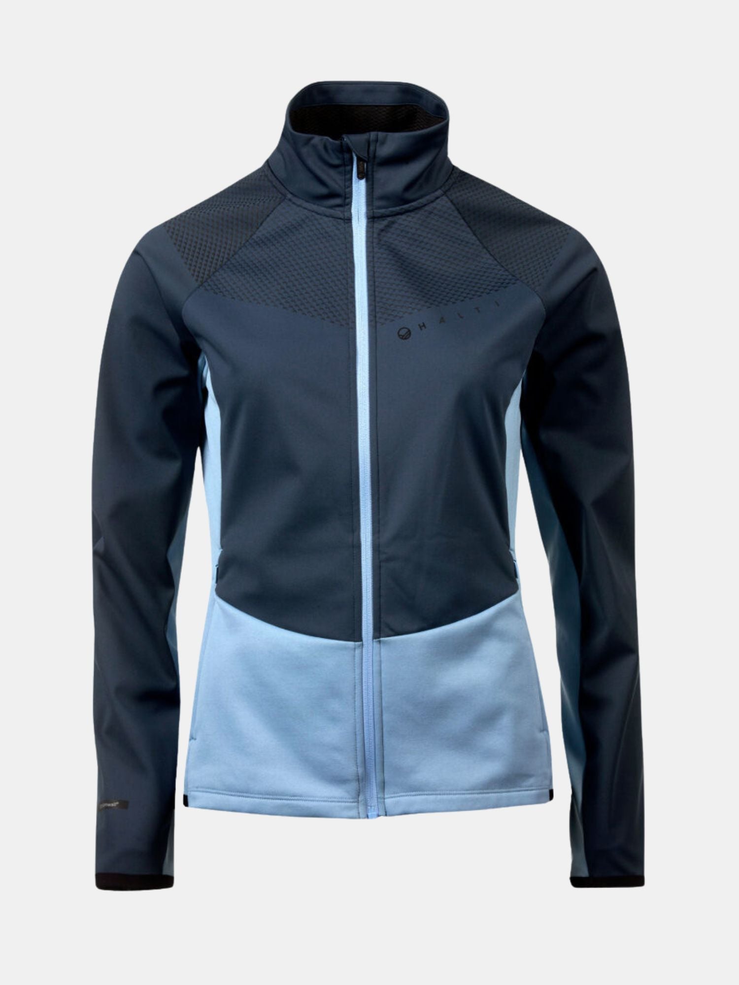 Halti Suunta Dam Hybrid Jacka: damsoftshelljacka med blå färgblock, hög krage, återvunnen polyester.