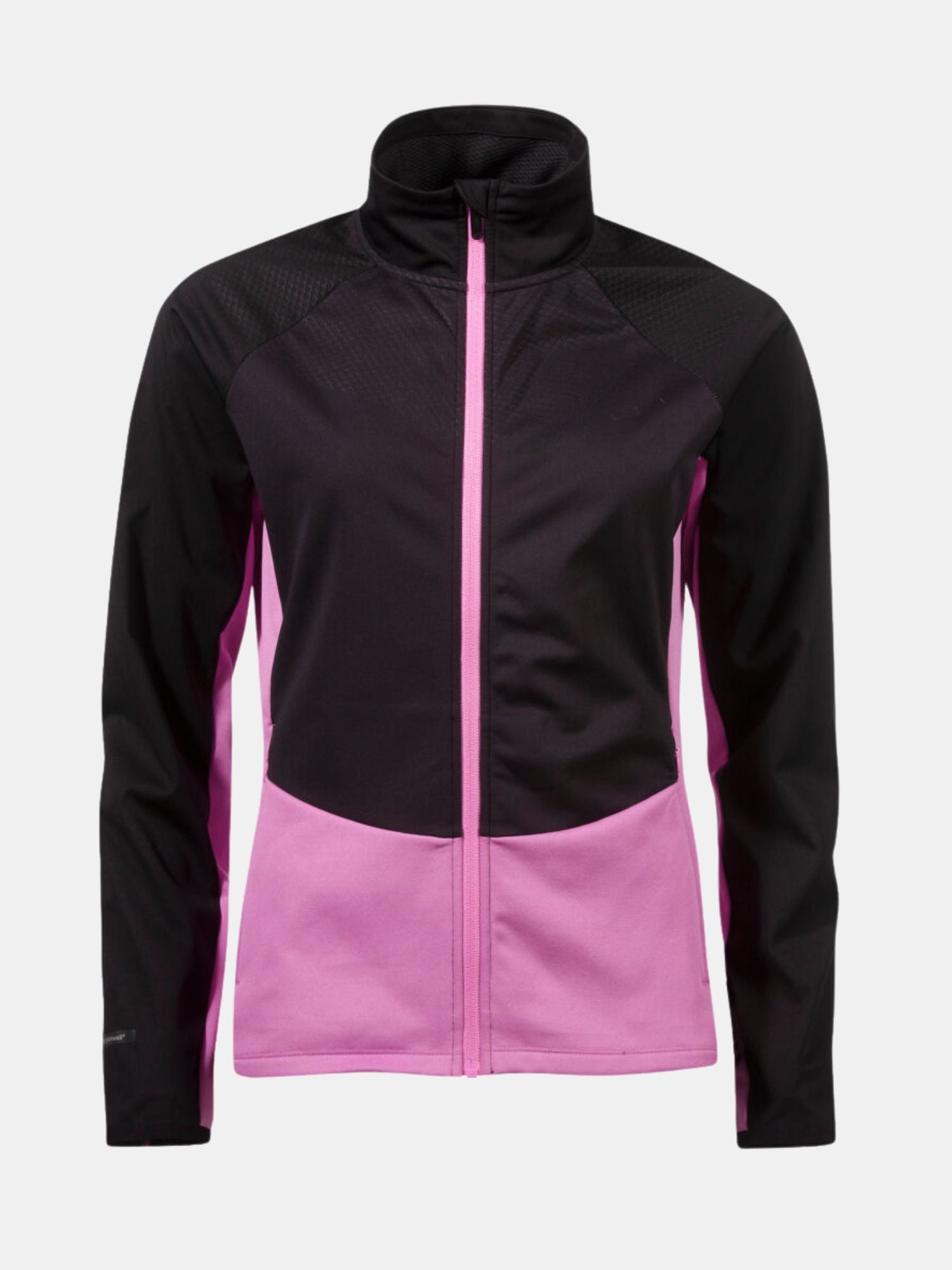 Halti Suunta Dam Hybrid Jacka är en softshelljacka för kvinnor med svarta/rosa paneler, hel dragkedja och återvunnen polyester.