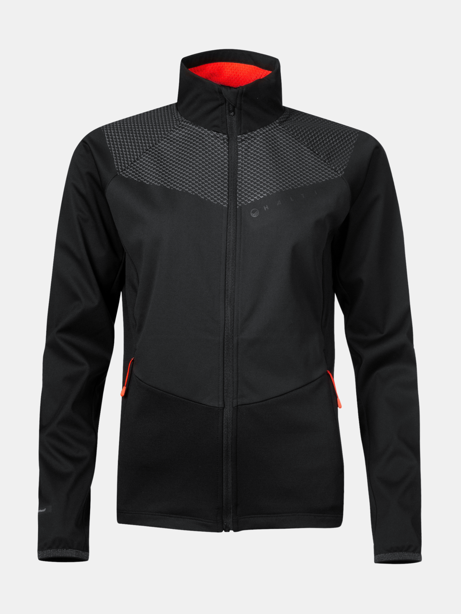 Halti Suunta Dam Hybrid Jacka är en svart jacka i återvunnen polyester med rödorange fickor och ett diskret bröstmönster.