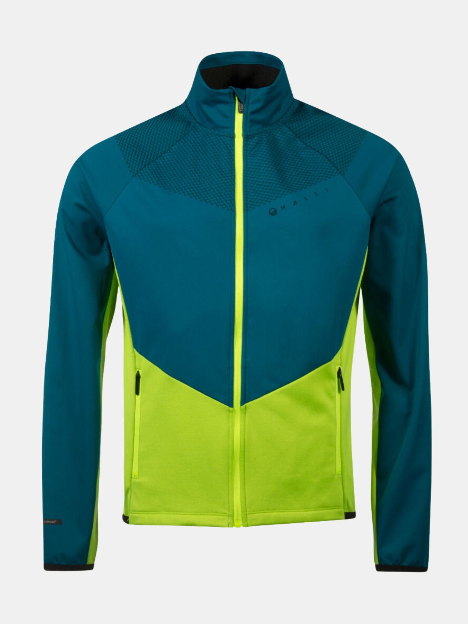 Halti Suunta Herr Hybridjacka med Stormwall® Softshell, blågrön/gula paneler, dragkedja fram och dubbla fickor med dragkedja.