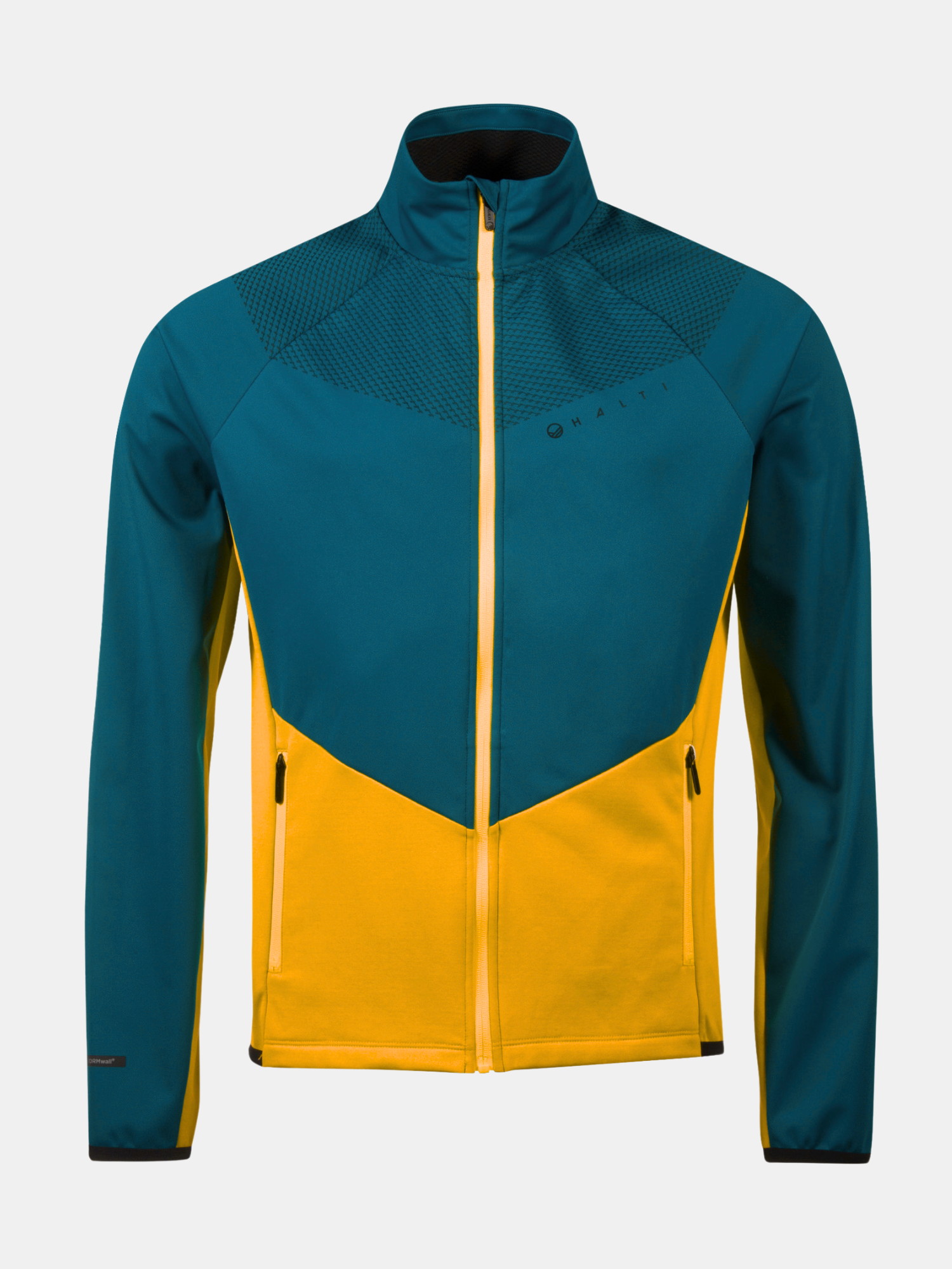 Halti Suunta Herr Hybrid Jacka i blågrön/gul med hög krage, två dragkedjefickor och Stormwall® Softshell-tyg.
