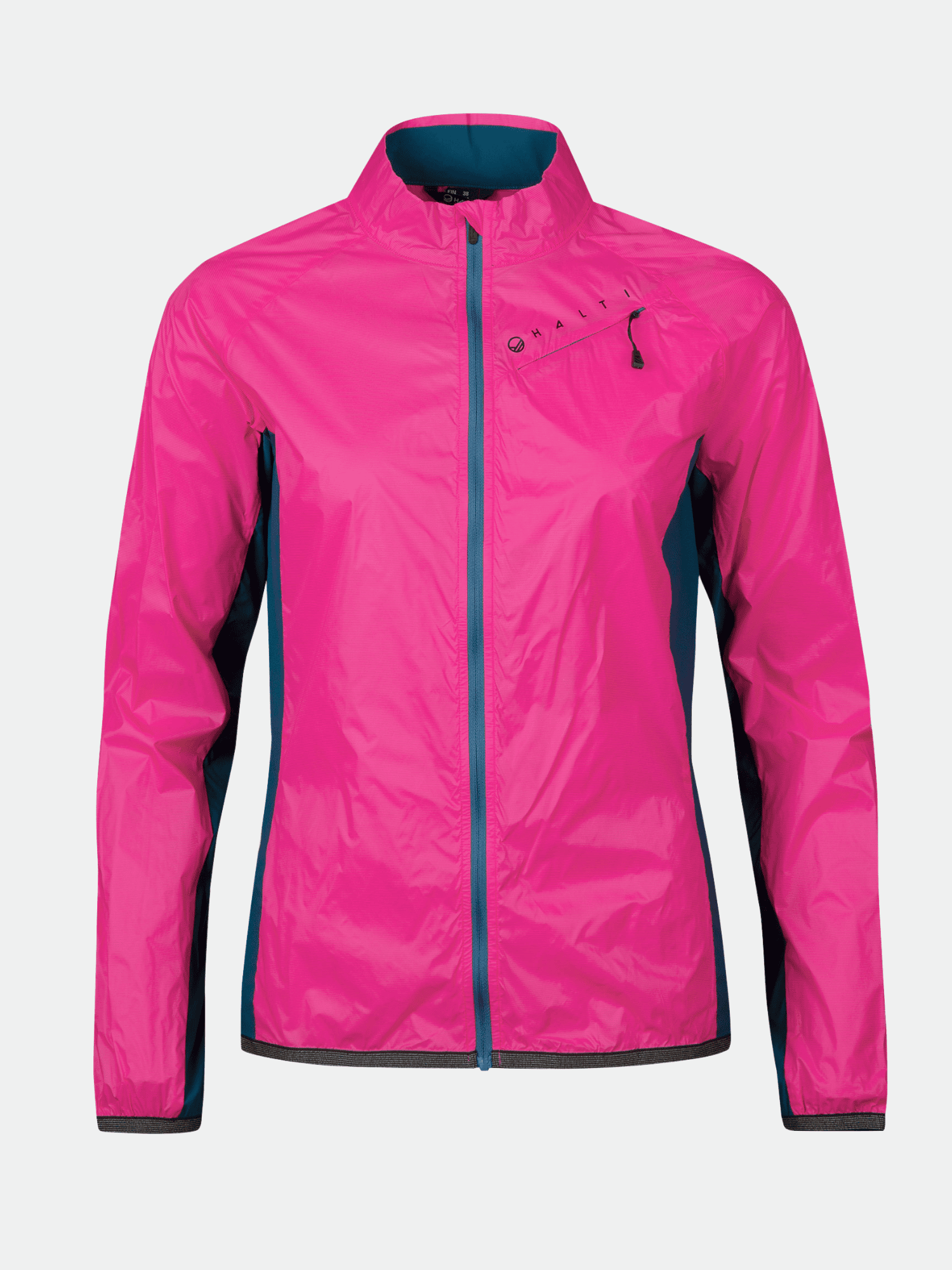 Halti Control Dam Windbreaker Jacka i rosa och blått med långa ärmar, visas mot en vit bakgrund.