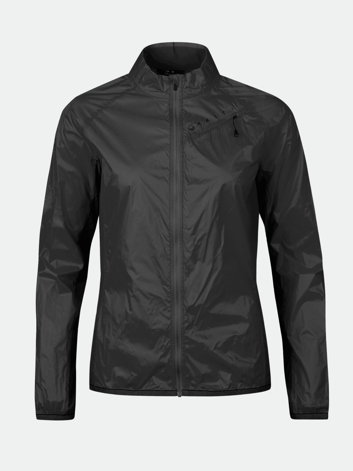 Halti Control Dam Windbreaker Jacka är svart, har dragkedja fram, bröstficka och återvunnet grafentaffetatyg.