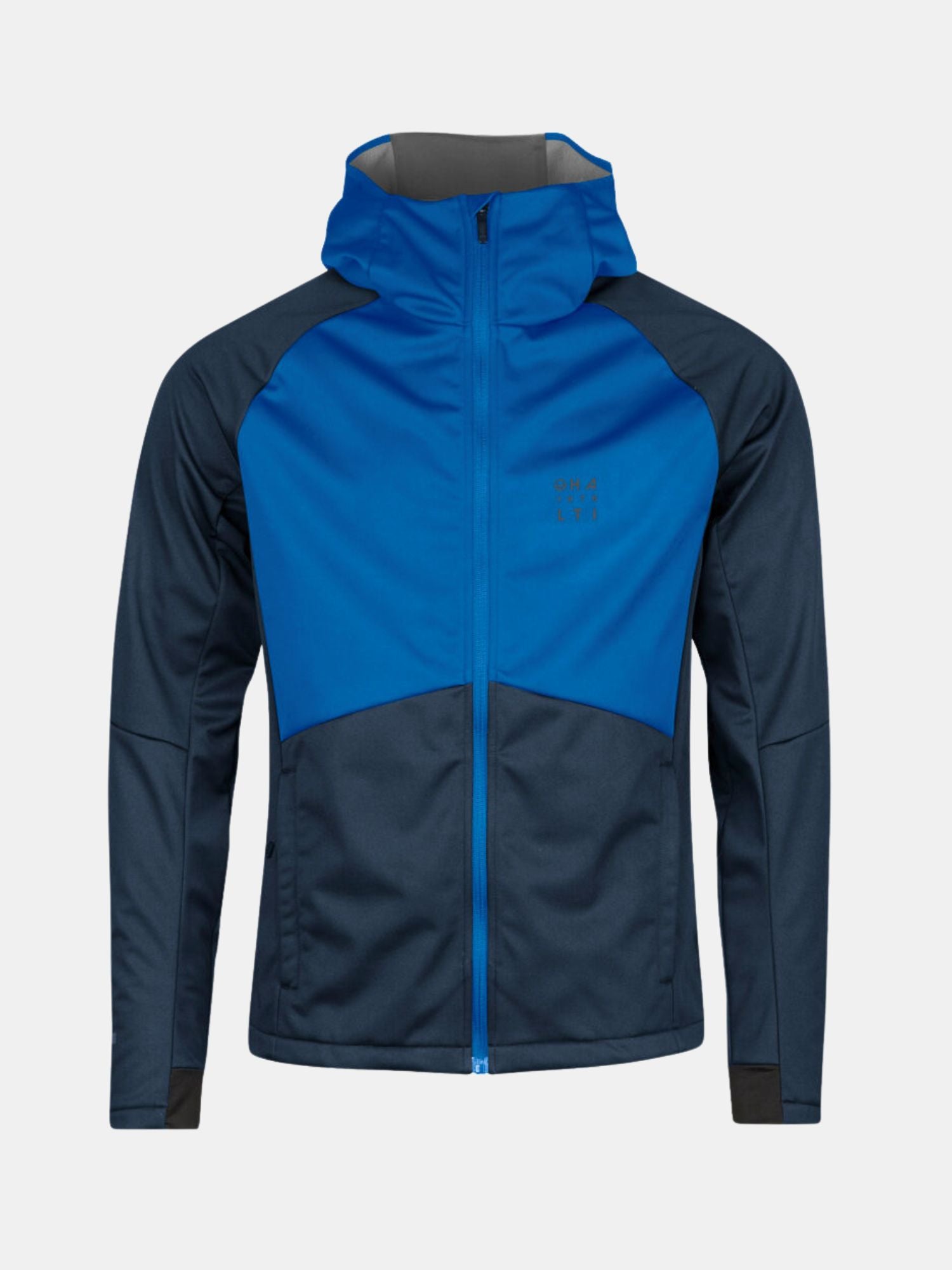 Halti Isku III Herr Längdskidjacka är en blå och marinblå softshell med dragkedja framtill, på vit bakgrund.
