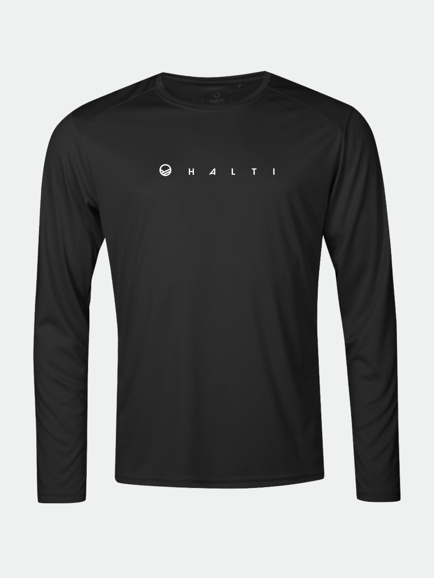 Vassi Herr Långärmad Träningströja från Halti i svart återvunnen polyester med vit logotyp på bröstet.