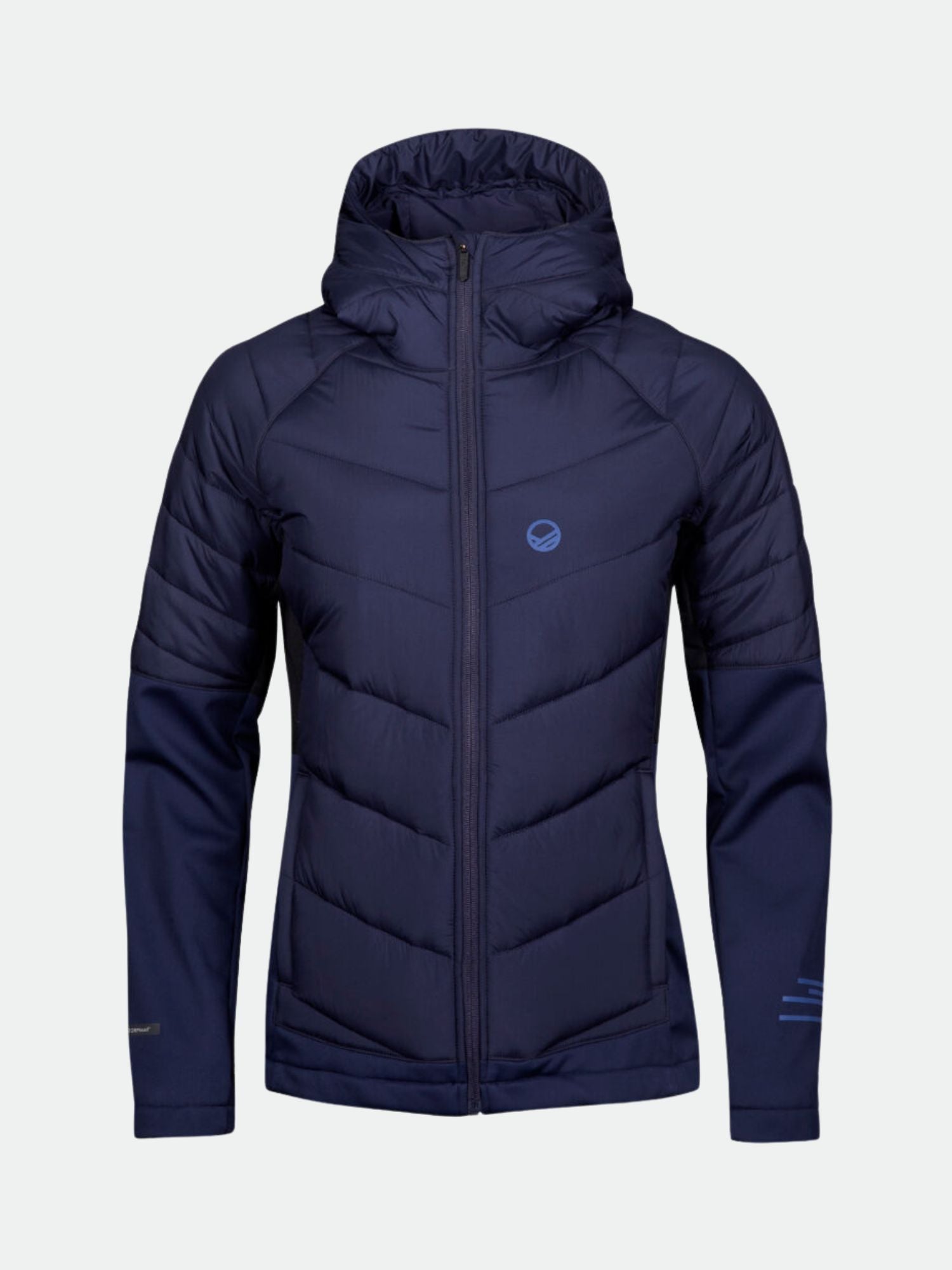 Halti Hanki Längdskidjacka Dam: Marinblå med huva, dragkedja fram, långa ärmar och liten logotyp på bröstet.
